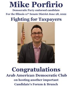 Porfirio Ad for Arab American Democratic Club Candidate's Forum & Brunch